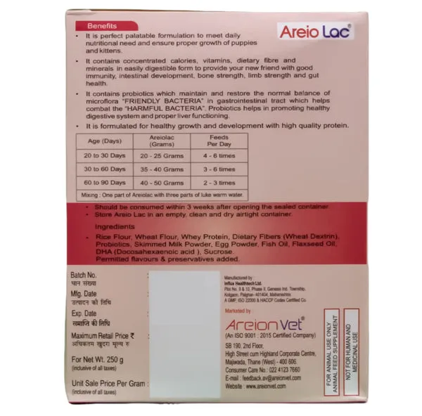 Areio Lac Weaning Supplement for Puppies and Kittens (milk replacer) 250 Gm - Image 2